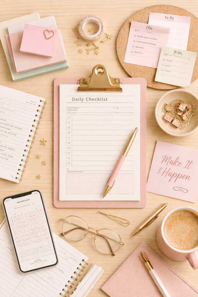 Soft pink image with a checklist in the middle with a pencil, a phone, a pen, glasses, a cup of coffee and post it notes on a desk.
