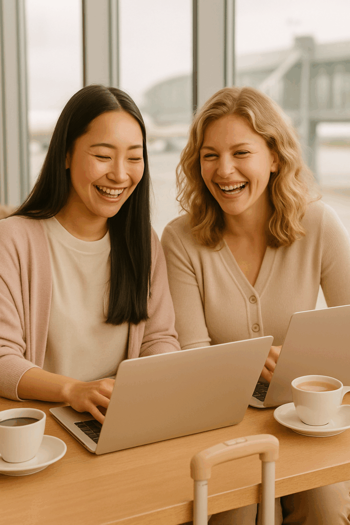 Two women working on computers drinking coffee in an airport.