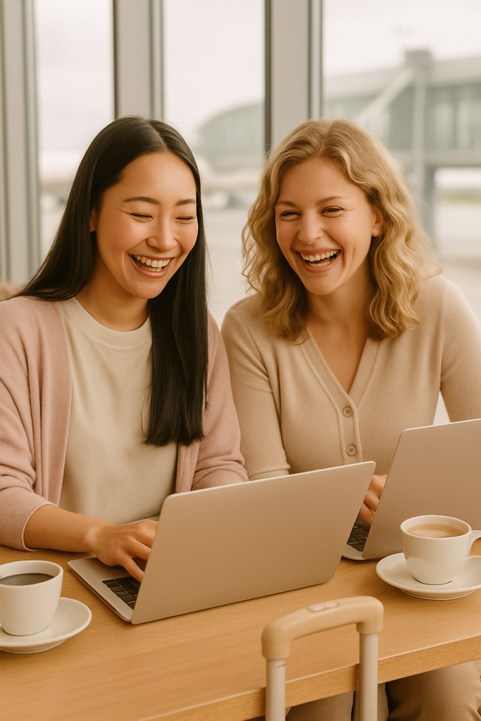 Two women working on computers drinking coffee in an airport. Wander&Prosper.