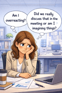 Woman sitting at desk questioning herself. Wander&Prosper.