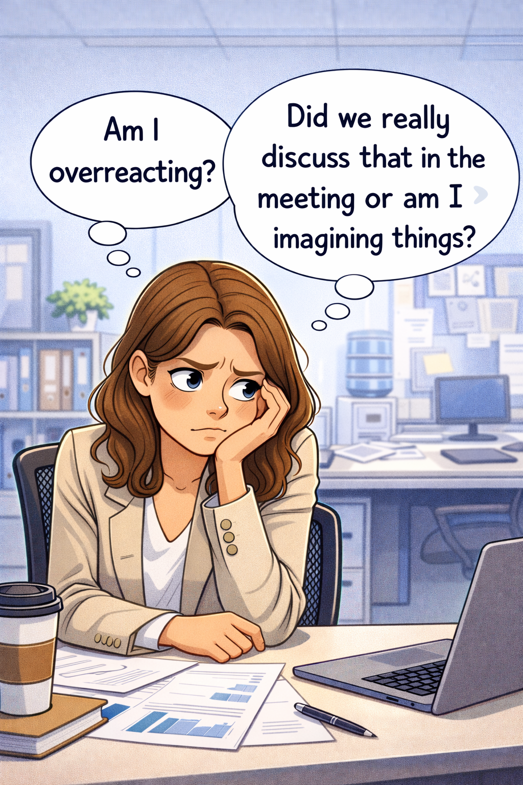 Woman sitting at desk questioning herself. Wander&Prosper.