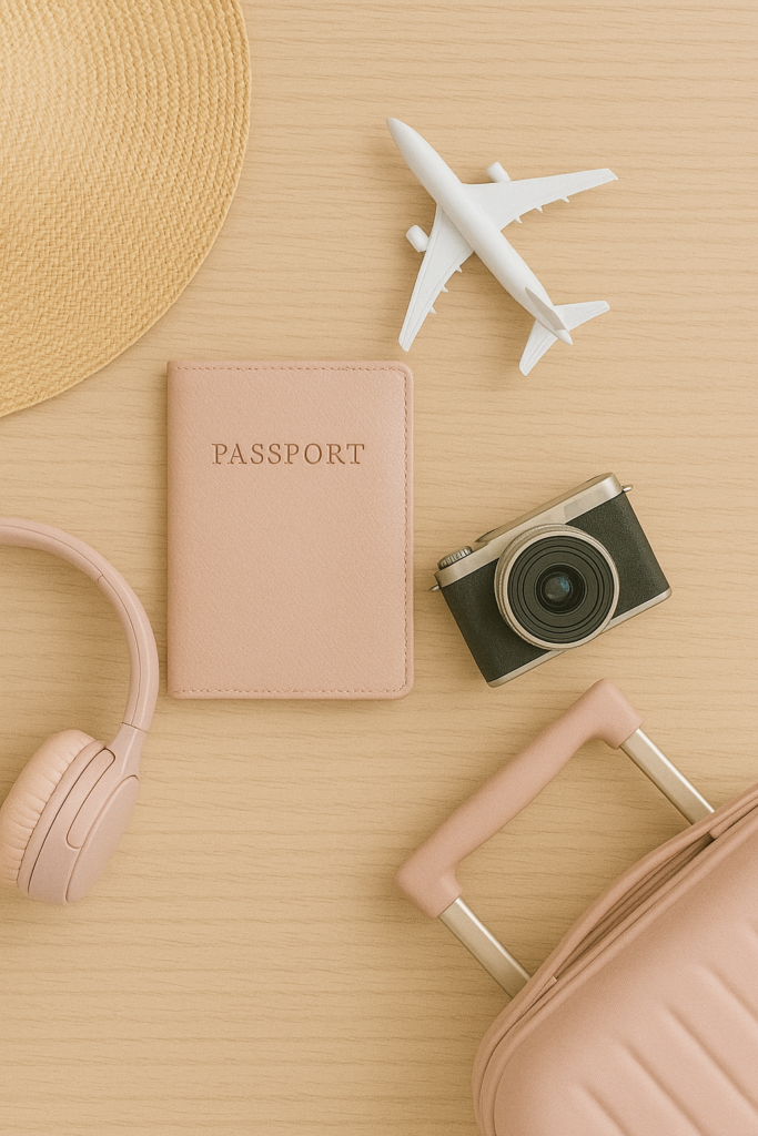 Passport holder, model airplane, camera, headphones and suitcase. Wander&Prosper.