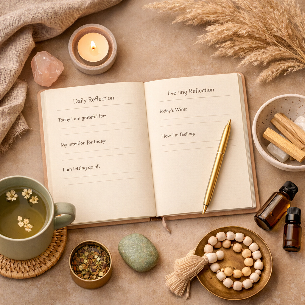 Image of a reflection journal with a pen, cup of tea and candles. Wander&Prosper.