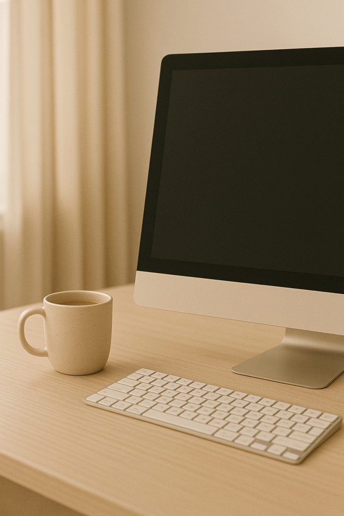 Computer, keyboard and a cup of coffee. Wander&Prosper.