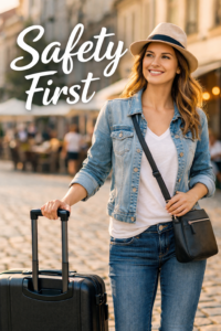 Image of a woman with a suite case and a purse over the should with a hat. Title over the photo, Safety First. Wander&Prosper.