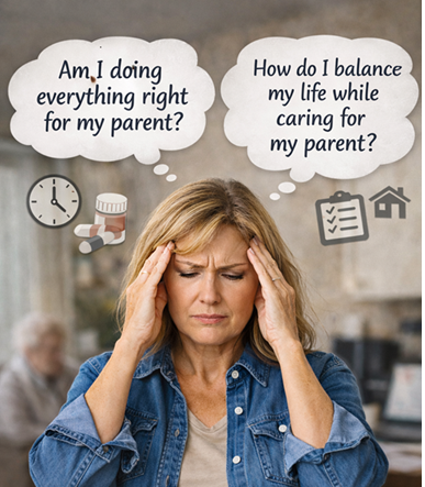 A stressed middle-aged woman in a denim shirt holds her temples with eyes closed, surrounded by thought bubbles asking "Am I doing everything right for my parent?" and "How do I balance my life while caring for my parent?" with icons representing time, medication, checklists, and home care